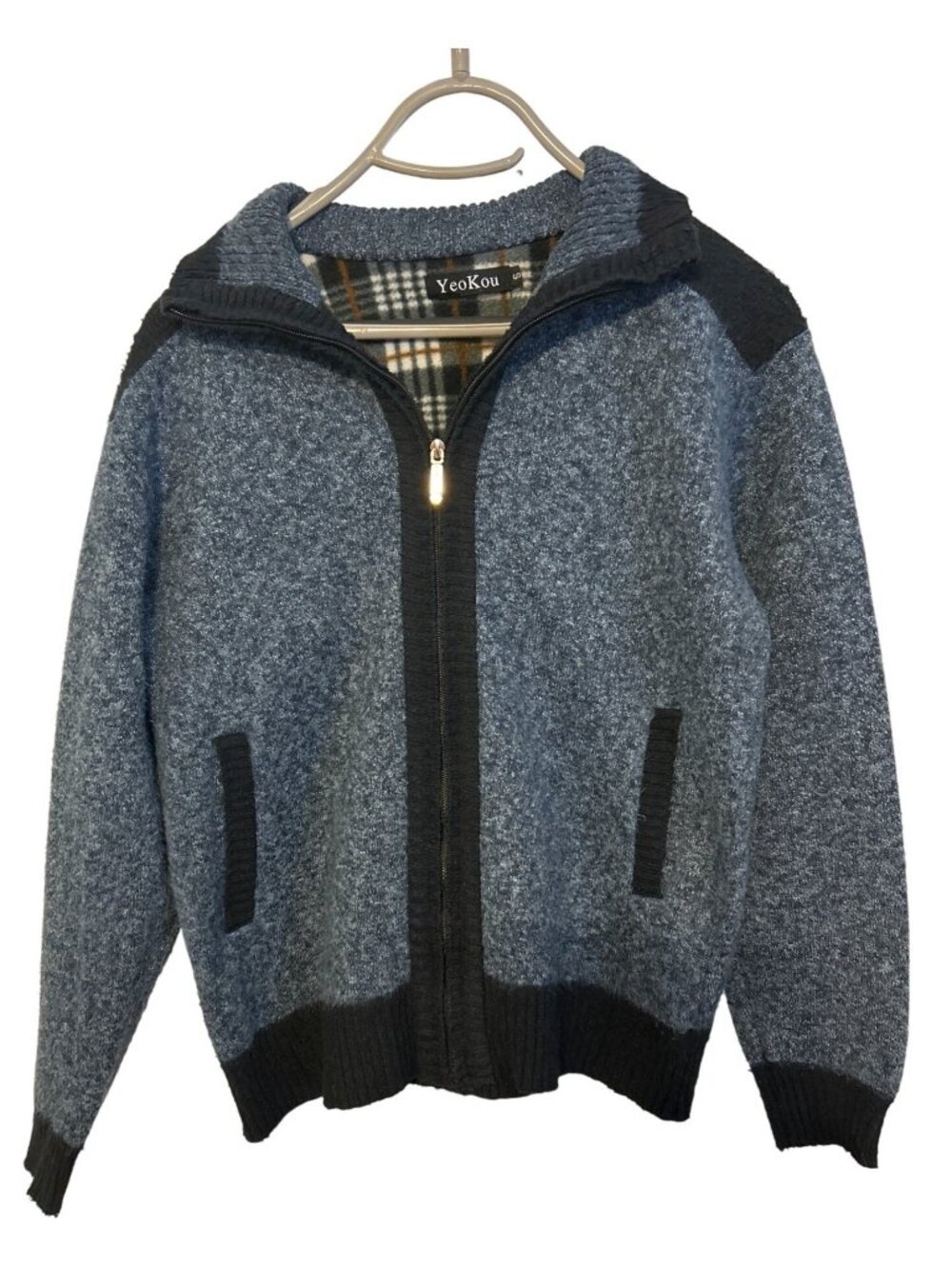YeoKou Sz S Cashmere Wool Blend Zip Up Jacket Blue Fleece Lined Winter Sweater